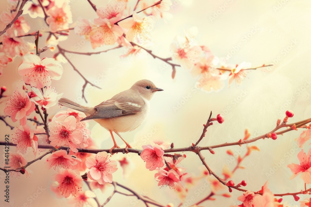 Blossomed Small bird on tree branch with flowers. Colorful bird sitting on twig with pink blossom. Generate ai Blossomed Small bird on tree branch with flowers. Colorful bird sitting on twig with pink blossom. Generate ai