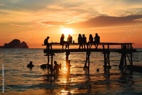 Summer holiday image, a silhouette of people on a pier against a backdrop of setting sun, making everything around yellow-orange.