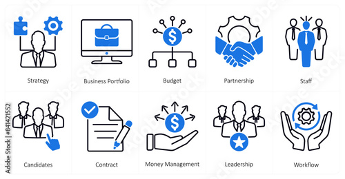 A set of 10 mix icons as strategy, business portfolio, budget