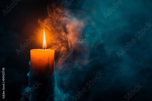 A burning candle with white smoke on black background.