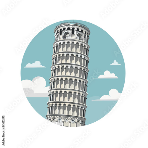Sticker design of the Leaning Tower of Pisa in Italy on a blue background with clouds