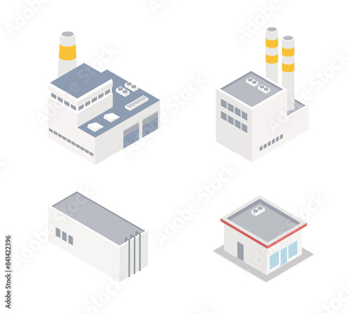 Isometric factory icons set. Industrial building.