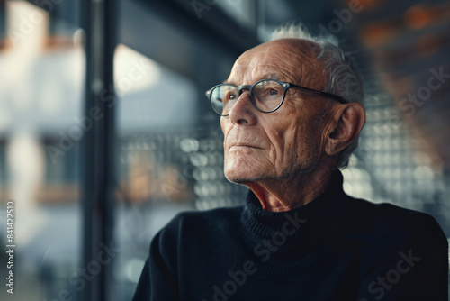 a man with glasses looking out a window