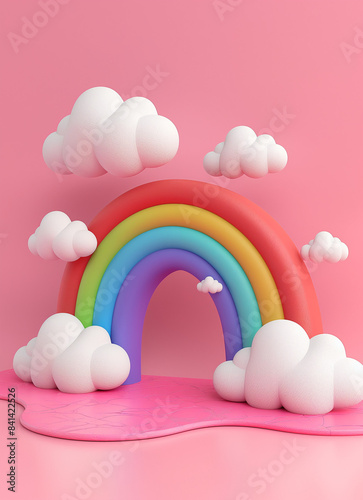 Cute cartoon rainbow with clouds on pink background, isometric view, soft lighting, neutral colors, minimal details, simple shapes © Natali