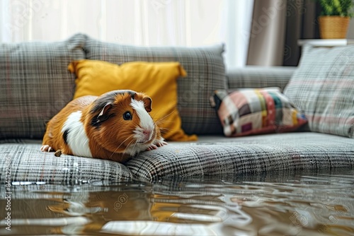 Flooded floor in living room from water leak, Guinea pig on sofa. Damage , Property insurance concept