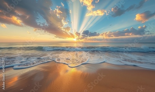 Sunset on the beach with golden sunbeams breaking through purple clouds. Tough waves with white foam.