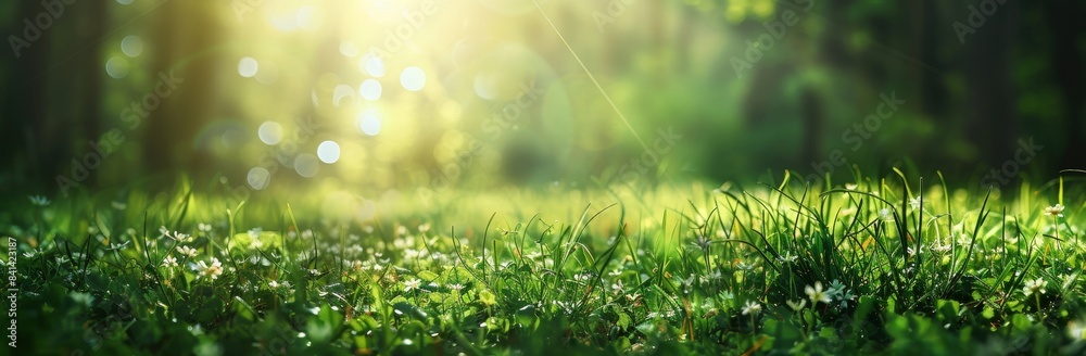 Grass with a lush green tint in a forest clearing during spring and summer. Portrait format with shallow depth of field and bokeh. Grass with a lush green tint in a forest clearing during spring and summer. Portrait format with shallow depth of field and bokeh.
