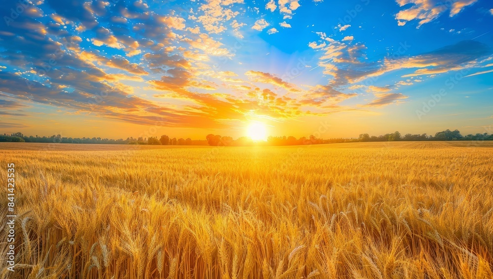 Golden ears of wheat close-up in sunshine, summer landscape with glowing sunlight and spikes of wheat in the sun. Beautiful cereal fields in nature on a sunset, summer landscape in the sunshine with