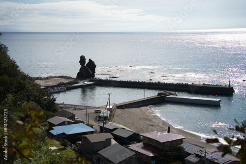 北海道乙部町の国道229号沿いにある道の駅ルート229元和台から見た元和台海浜公園