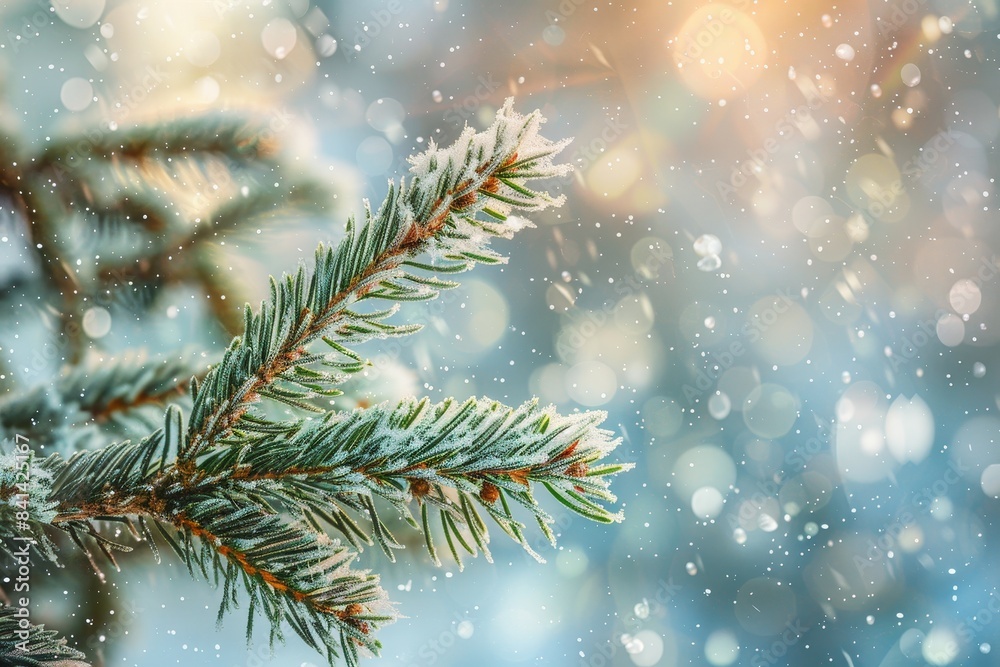 This natural macro image shows green spruce branches covered with thorny hoarfrost crystals against a light snowfall. This natural macro image shows green spruce branches covered with thorny hoarfrost crystals against a light snowfall.