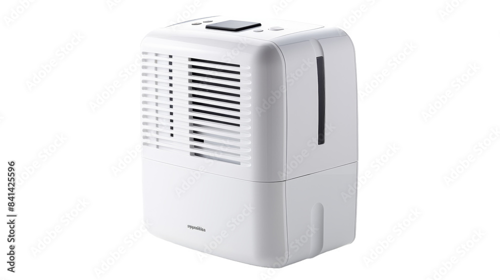 White Dehumidifier With Digital Display and Air Vent on White Background White Dehumidifier With Digital Display and Air Vent on White Background
