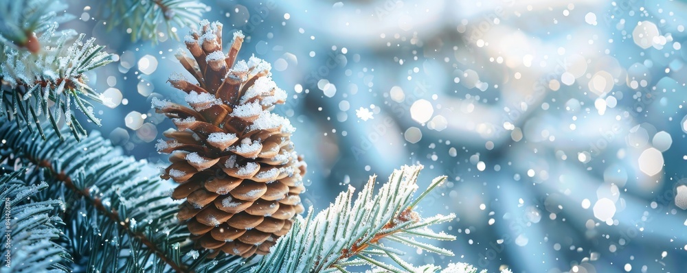 The image shows branches of a coniferous tree with cones covered in hoarfrost against a background of small snow drifts in a banner format on New Year theme. The image shows branches of a coniferous tree with cones covered in hoarfrost against a background of small snow drifts in a banner format on New Year theme.