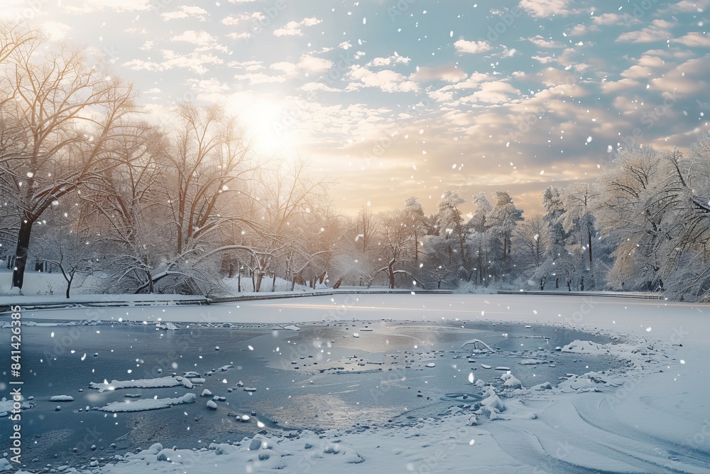 A bright winter day finds a snowy city park with snow-covered trees and a frozen pond. A bright winter day finds a snowy city park with snow-covered trees and a frozen pond.