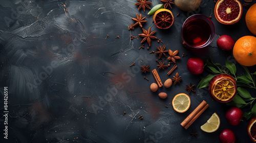 Ingredients mulled wine, grog with spices and citrus for winter,Cookies cooking concept with spices ,bake paper and herbs on black background photo