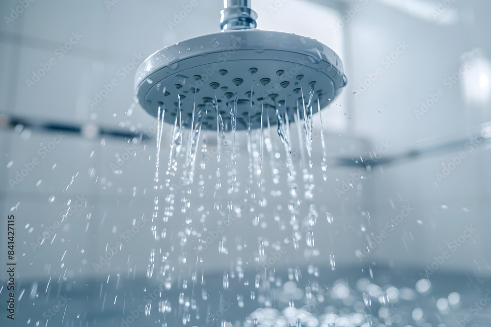 Water descending from showerhead in a white bathroom. Water descending from showerhead in a white bathroom.