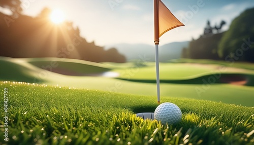 Golfloch mit Golfball und Fahne - Putten auf Golfplatz photo