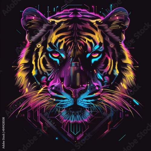 Tiger, cyberpunk, futuristic print for t-shirt 