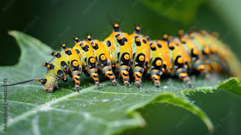 A big green caterpillar on leaf. Generative Ai A big green caterpillar on leaf. Generative Ai