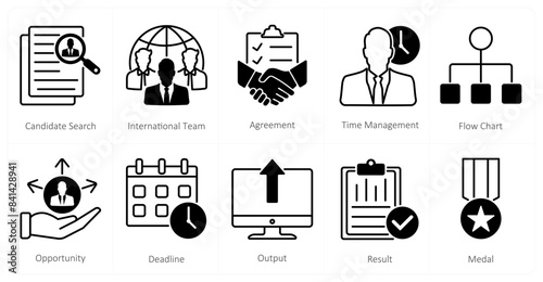 A set of 10 mix icons as candidate search, international team, agreement