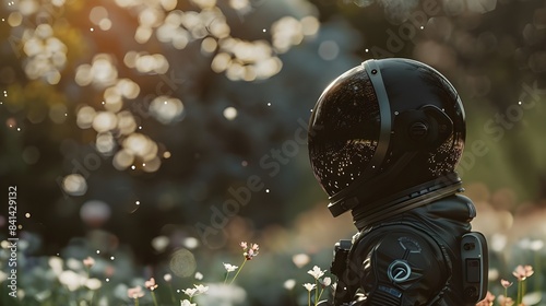 A man wearing a black futuristic astronaut suit exploring the garden. Generative AI. 