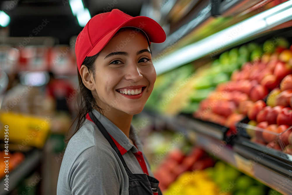 smiling brunette girl, placing fruit in the supermarket smiling brunette girl, placing fruit in the supermarket