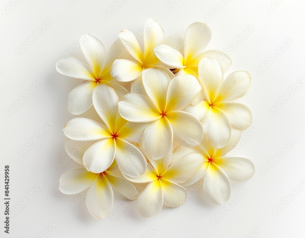 On a transparent background, a group of frangipani flowers is isolated. On a transparent background, a group of frangipani flowers is isolated.