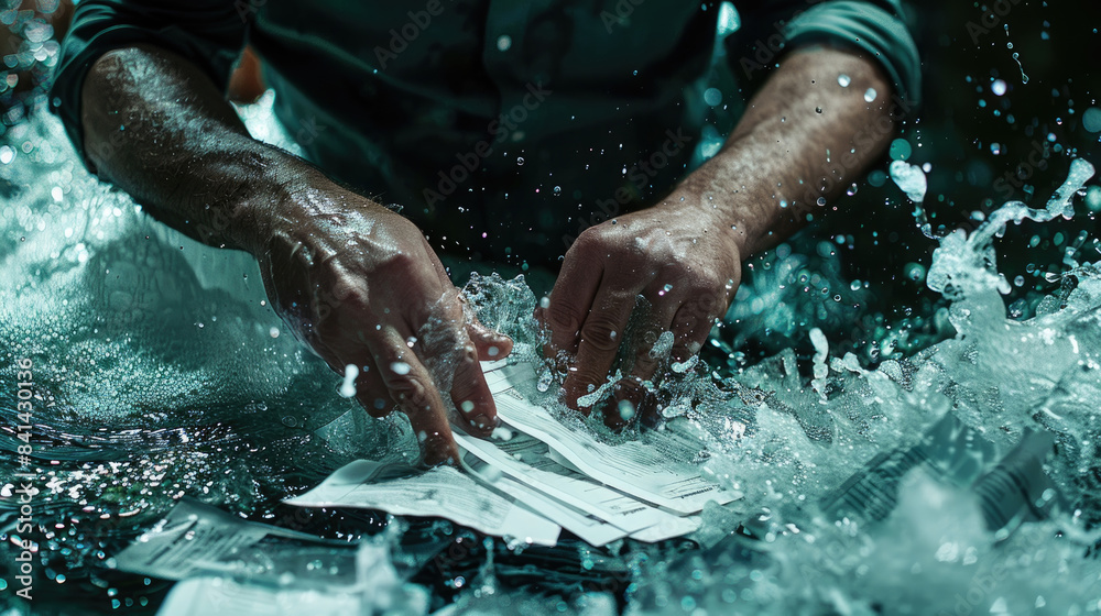 Fototapeta premium A close-up shot of hands submerged in water with papers scattered around