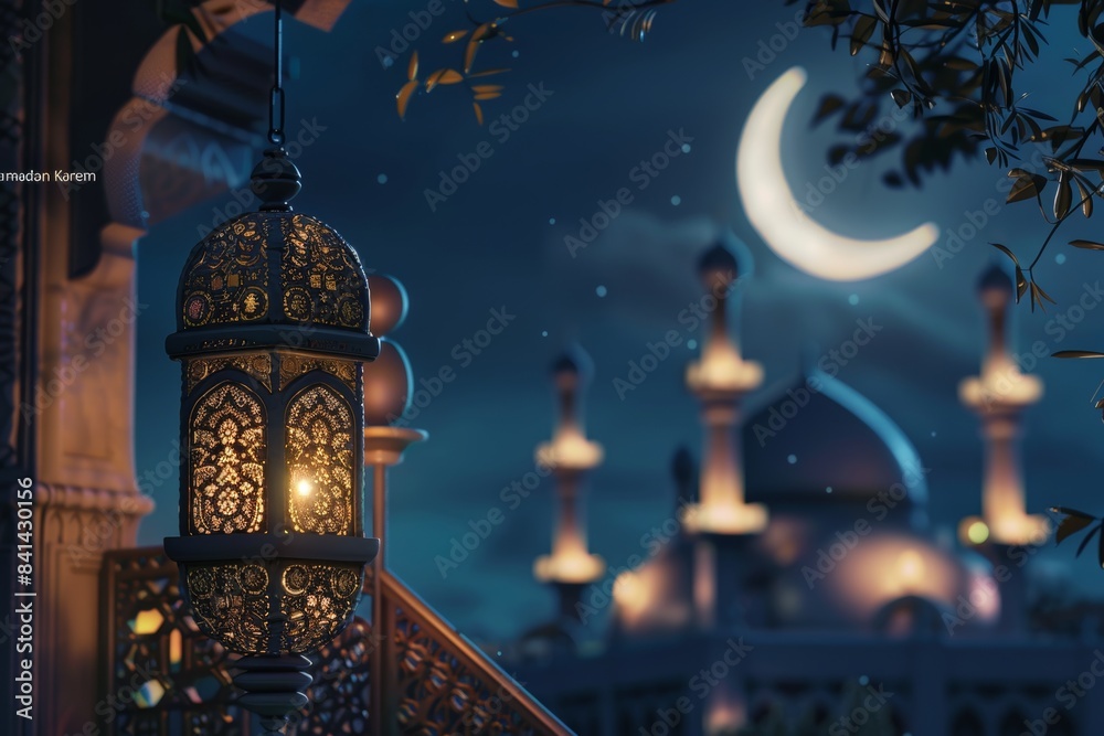 Obraz premium The traditional ornate oriental lantern has a beautiful bokeh of holiday lights and the mosque in the background. This image was generated with AI.