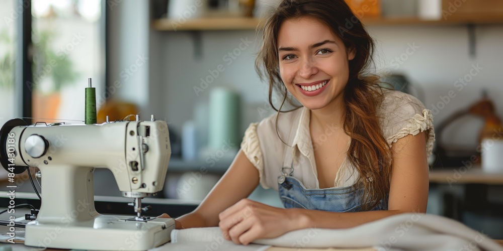 A smiling designer and tailor works with fabric at a sewing machine in her fashion workshop. A smiling designer and tailor works with fabric at a sewing machine in her fashion workshop.