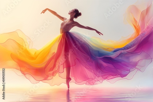 A ballerina exudes elegance and grace, her tutu swirling amidst colorful winds. © Iryna
