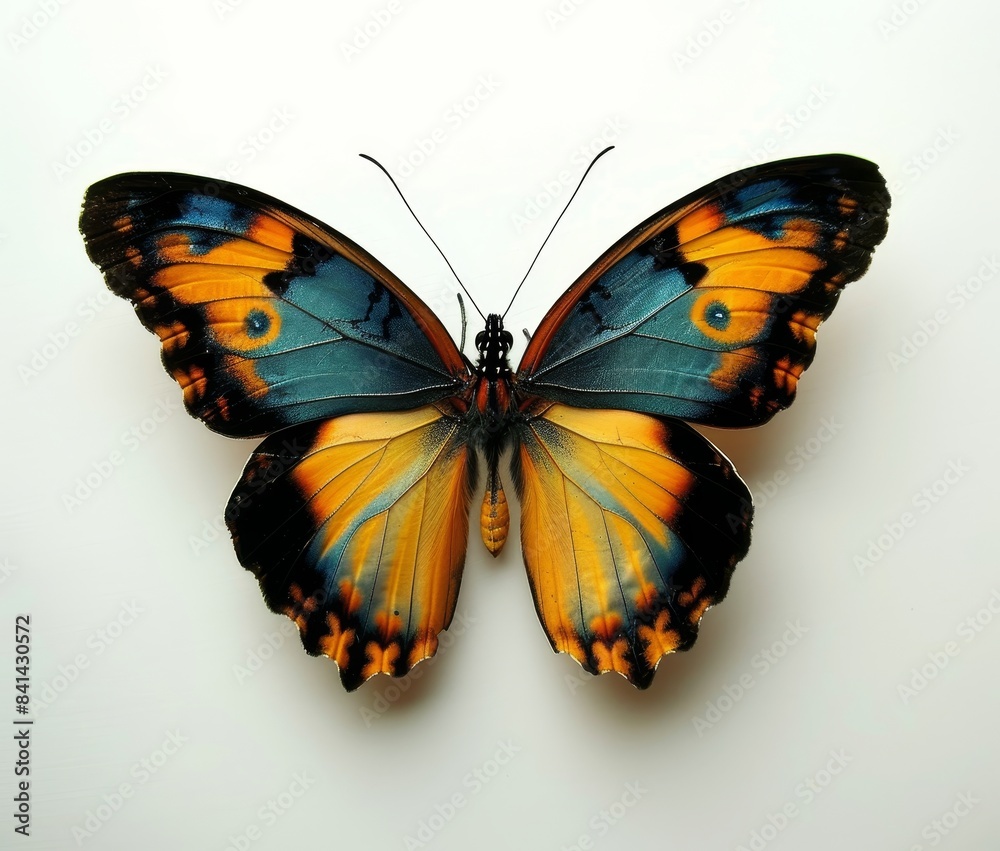 Obraz premium An elegant blue orange butterfly with spread wings isolated on a transparent background. This was generated by AI.