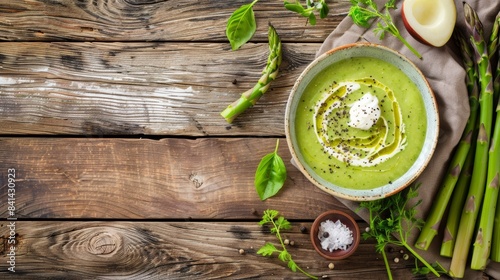 A photo of a fresh raw asparagus soup, with the asparagus blended into a smooth, creamy puree.