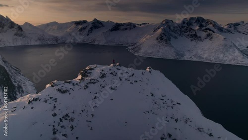 Aerial view of Senja island view from Hesten summit at sunrise, Nordland, Noway photo