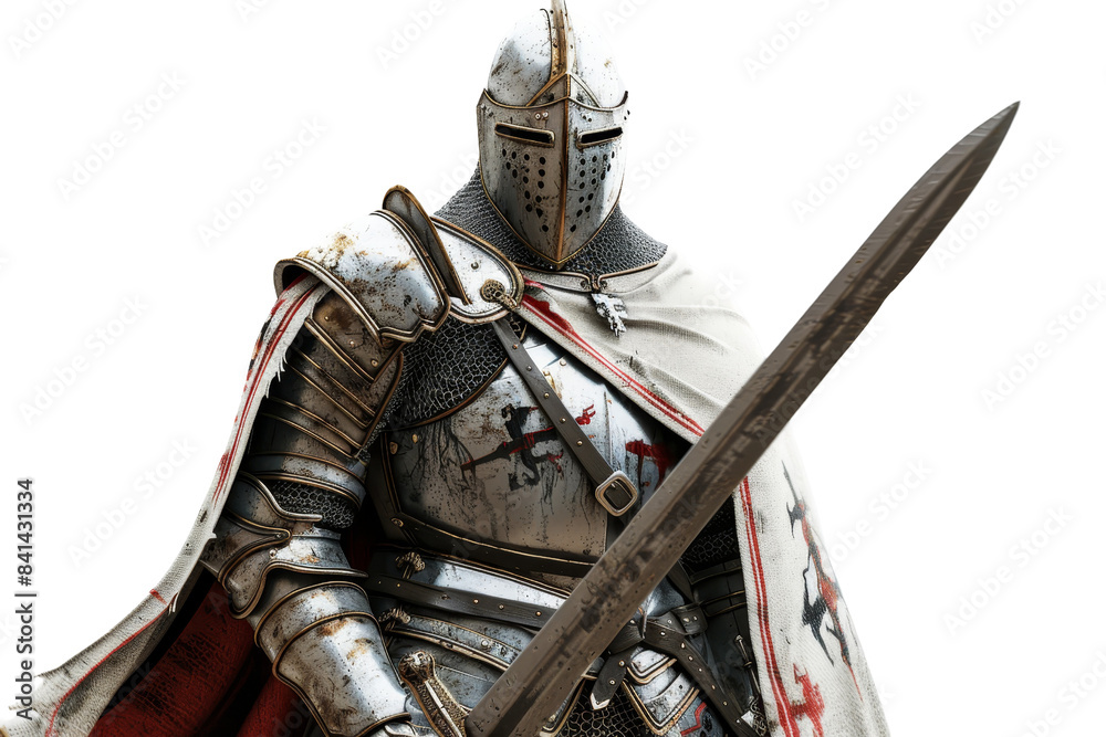Medieval knight in armor with a sword, standing ready for battle. Historical warrior depiction with detailed metal and cloak. Medieval knight in armor with a sword, standing ready for battle. Historical warrior depiction with detailed metal and cloak.
