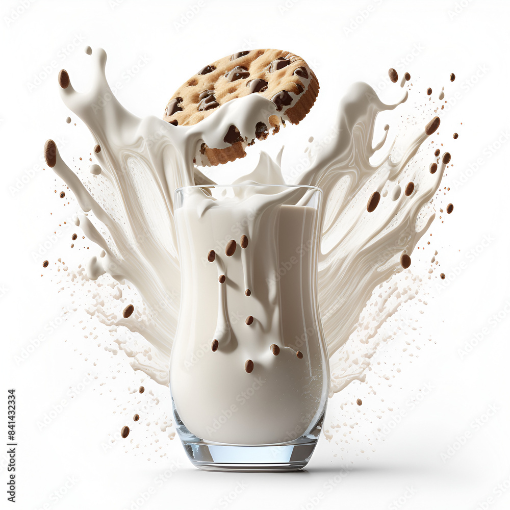 Naklejka premium Delicious Chocolate Chip Cookie Dunks Into Cold Glass of Milk with Splash – Sweet Treat