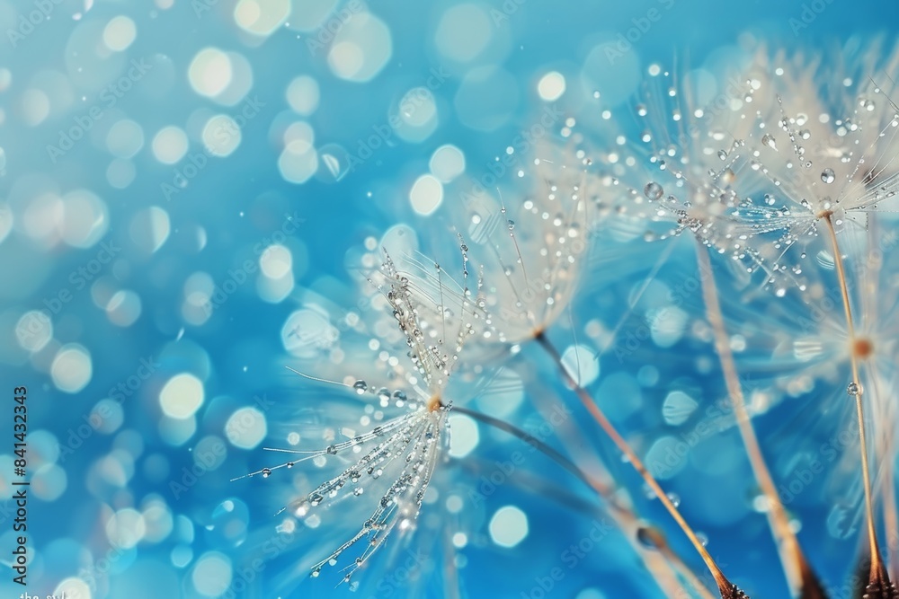 Fototapeta premium Nature macro of dew drops on wheat ear in pastel light blue.
