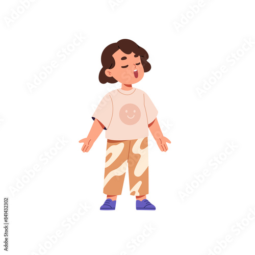 Cute little singer performs with song. Kid vocalist sings in festive music concert. Talented child shows with vocal performance, standing with closed eyes. Flat isolated vector illustration on white