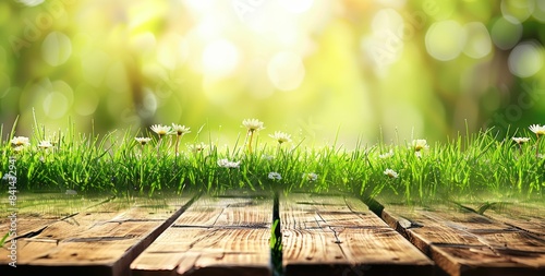 Natural background made up of old wooden boards and young green juicy grass with beautiful bokeh.