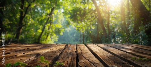 A beautiful spring summer nature background with blurred park trees in the sunlight and an empty wooden table in the background.