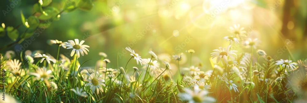 Daisies bloom in a yellow summer field in a banner panorama. Daisies bloom in a yellow summer field in a banner panorama.