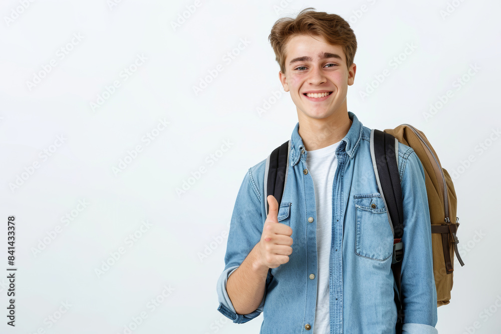 Smiling university student giving thumbs up with backpack against white background Smiling university student giving thumbs up with backpack against white background
