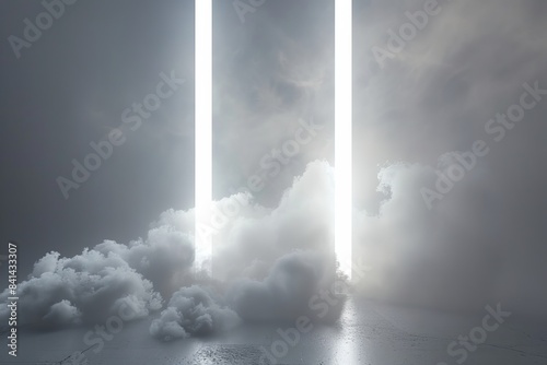 An illuminated room with trailing smoke and illuminated columns. An AI generated presentation.