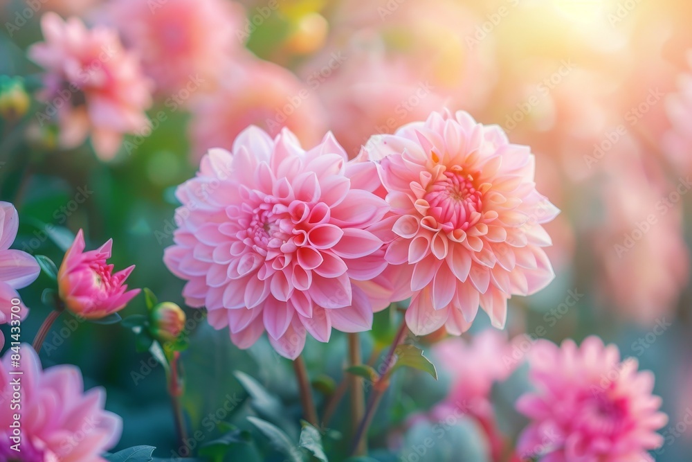 Fototapeta premium Dahlia flowers in nature close-up on green background. Artificial intelligence generated.