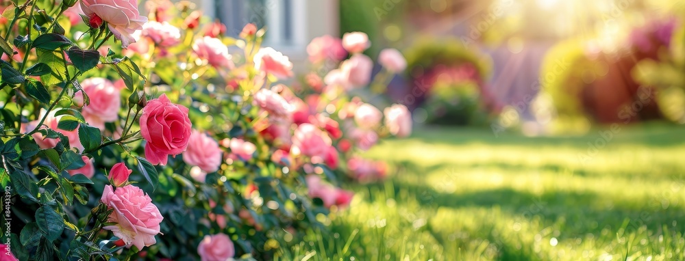 A shrub rose stands out on a green lawn in this beautiful landscape design. A shrub rose stands out on a green lawn in this beautiful landscape design.
