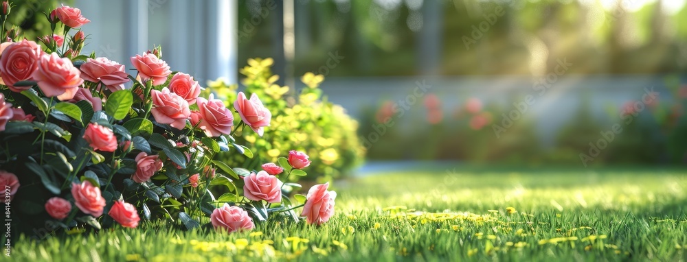 Naklejka premium The lawn is green and the shrub rose is beautiful.