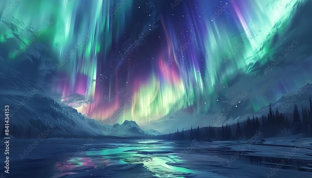 Fototapeta premium Aurora borealis dancing across the night sky, with vibrant green and purple lights shimmering above a snowcovered landscape, creating a magical and ethereal scene