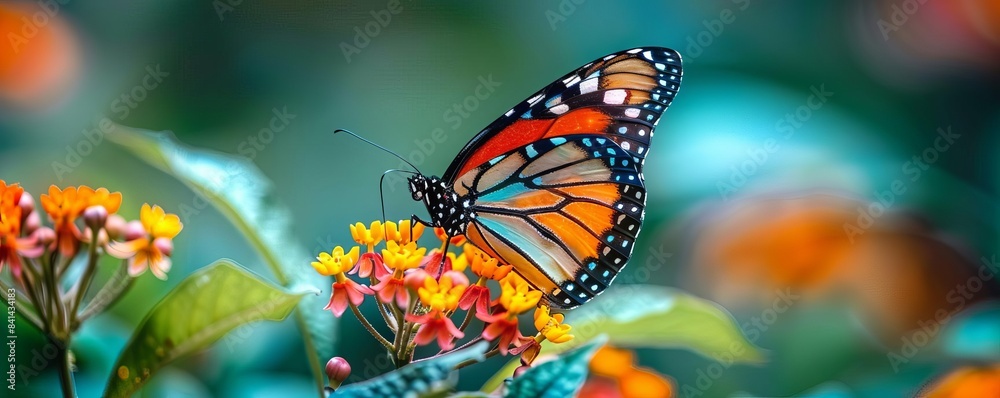 Beautiful butterfly resting on a bright, blooming flower, showcasing its vivid colors and detailed wings against a lush, green background Beautiful butterfly resting on a bright, blooming flower, showcasing its vivid colors and detailed wings against a lush, green background