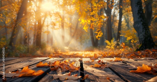 A blurred autumn park background with wooden flooring on top.