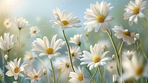 Hyper-realistic illustration of white daisy flowers with blur background