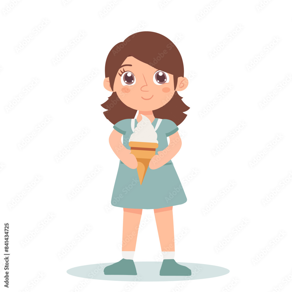 Happy girl holding ice cream. Hand drawn vector illustration. Happy girl holding ice cream. Hand drawn vector illustration.